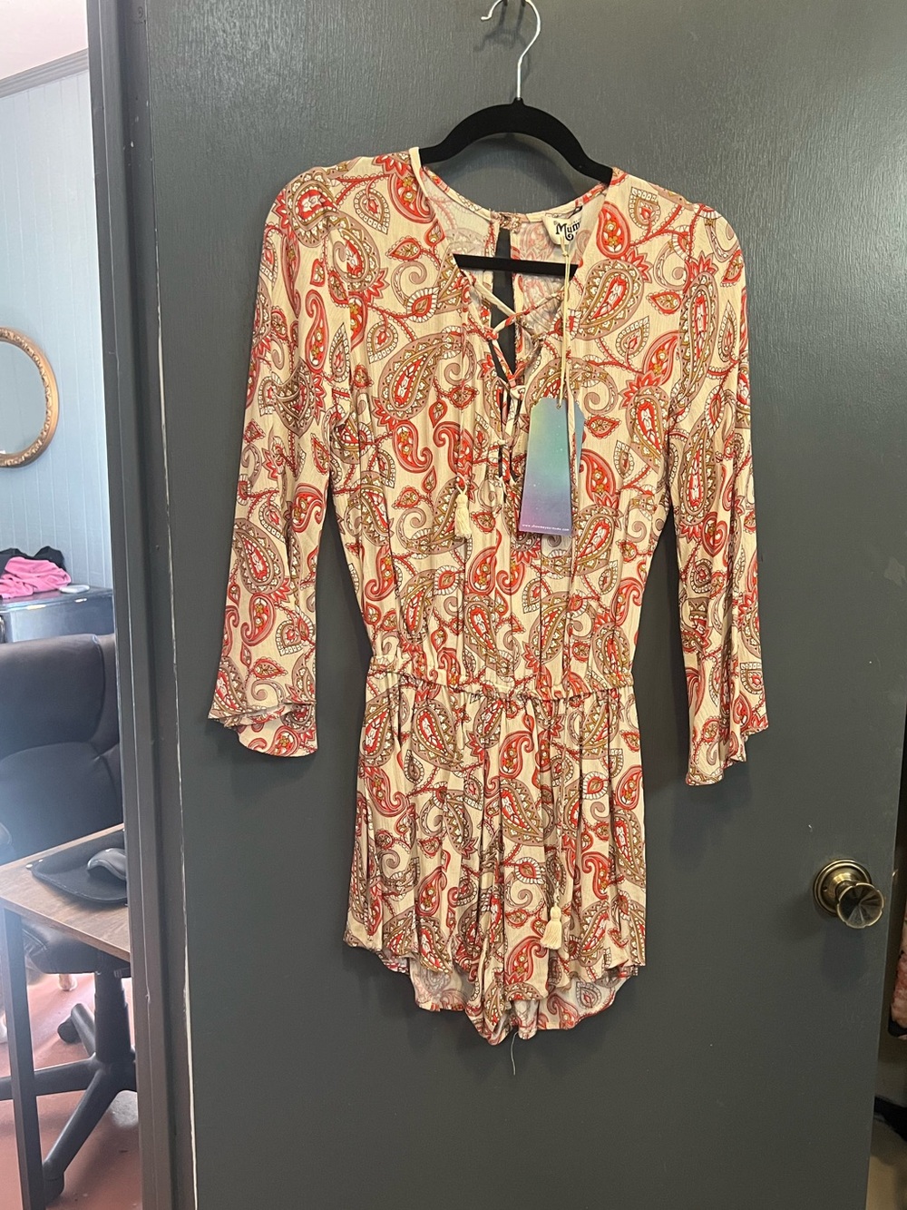 Show Me Your MuMu Paisley Tie-Front Romper in Cream, Red & Tan